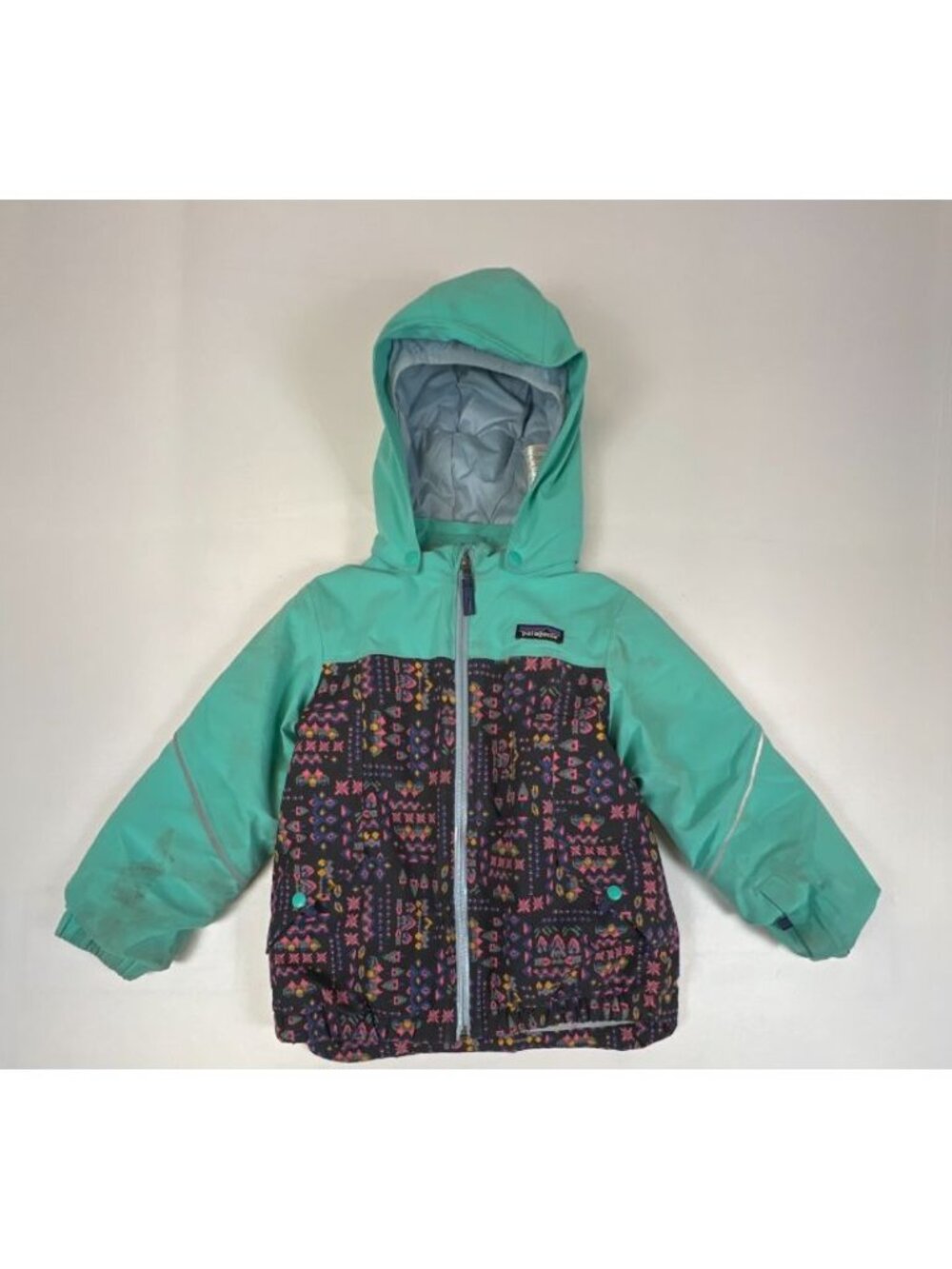 Patagonia Kids Size 5T Blue Teal Geometric Pattern Hooded Insulated Snow Jacket